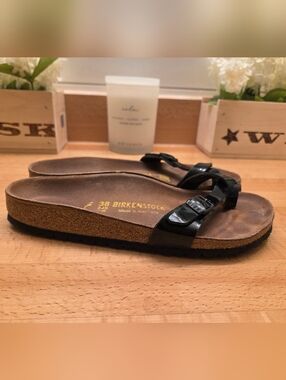 Birkenstock Piazza Sandals Black Patent Birko-Flor Women's Size 38